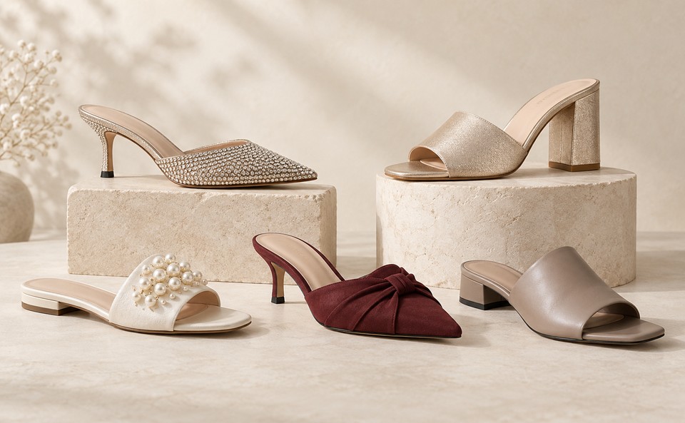 CRYSTELLE women's mules collection with decorative, block-heel and flat mule styles