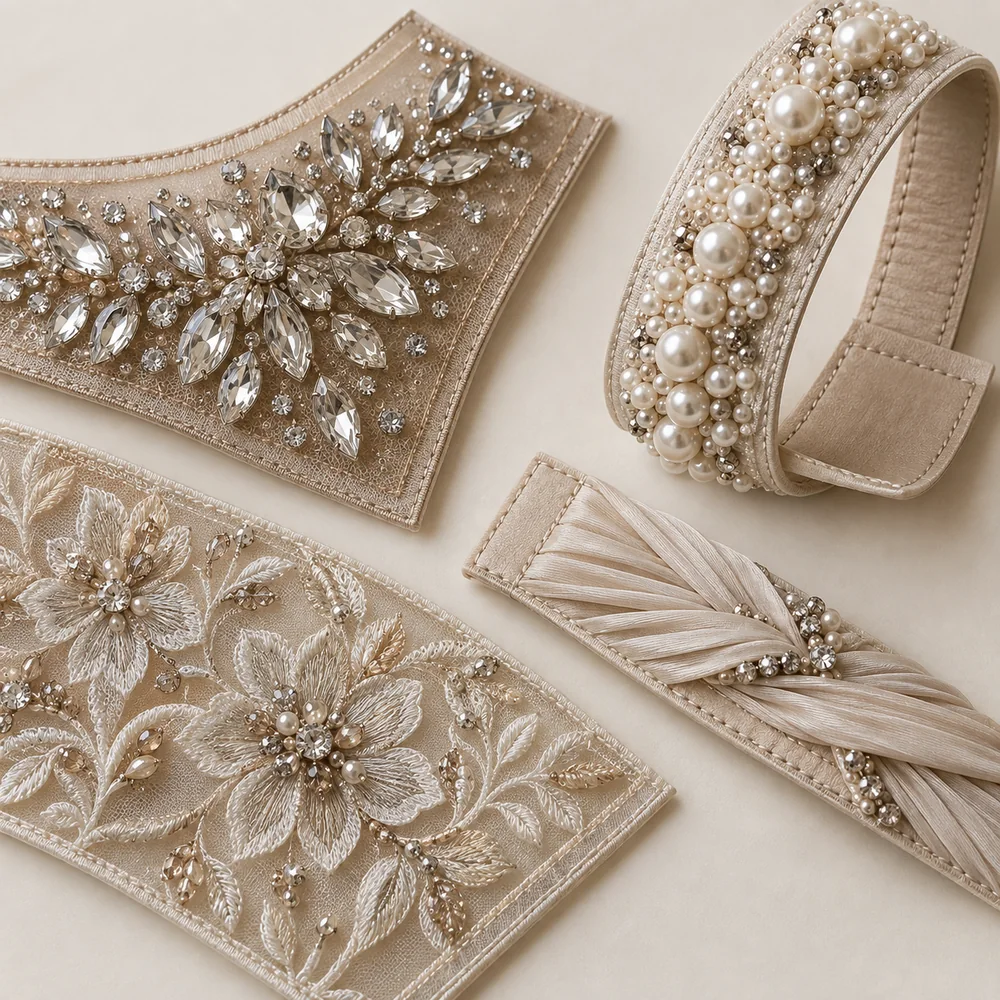Decorative shoe upper design with crystal straps, pearl beading and embroidered details