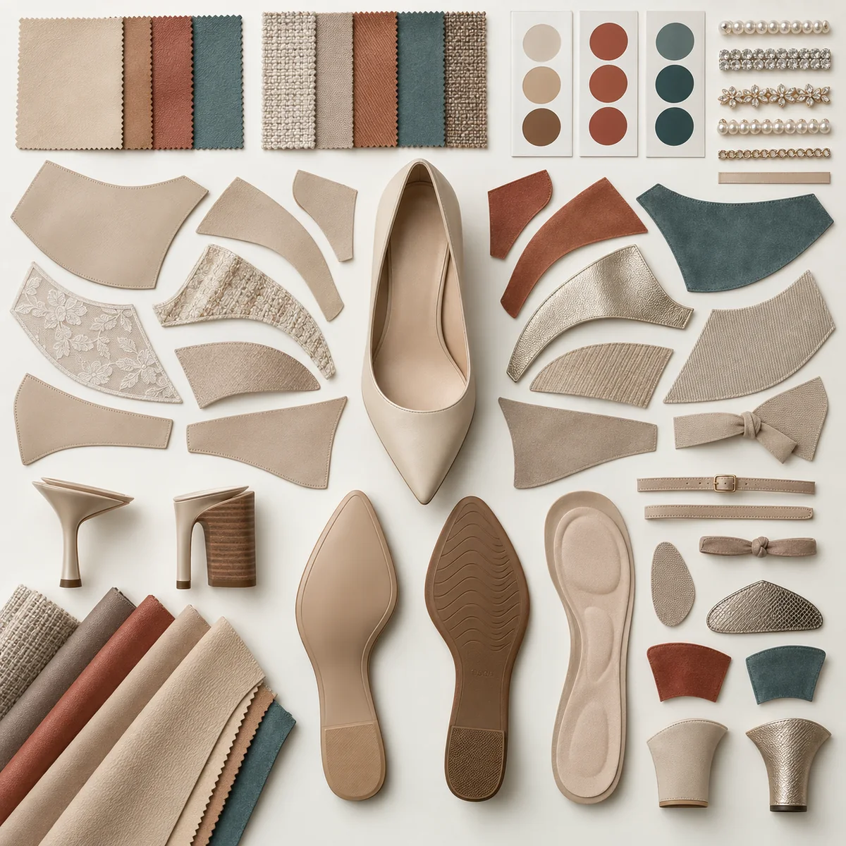 Footwear customization board with silhouettes, upper materials, decorations, colour cards, soles and heel options