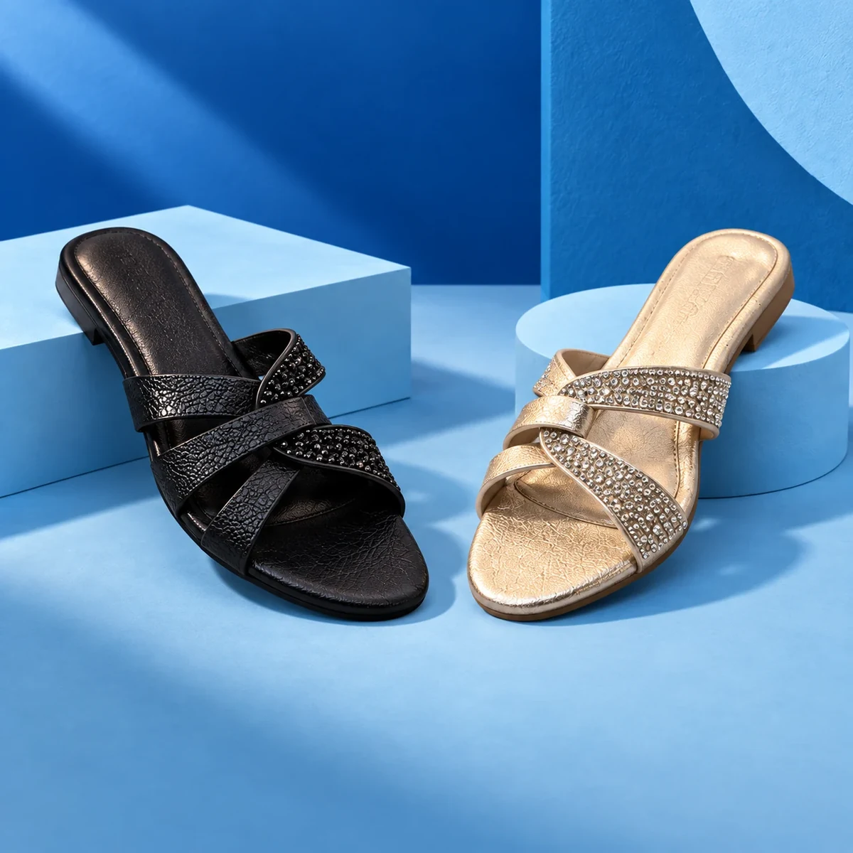Black and gold embellished women's slides