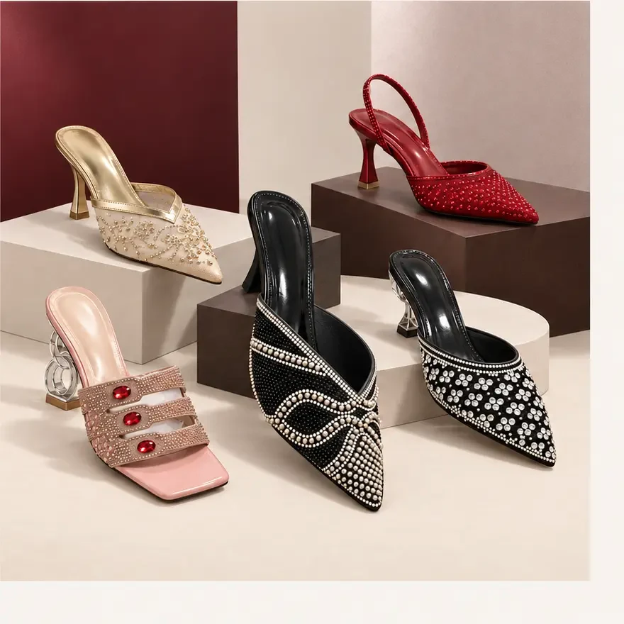 Women's finished footwear with decorative rhinestone, crystal and pearl details