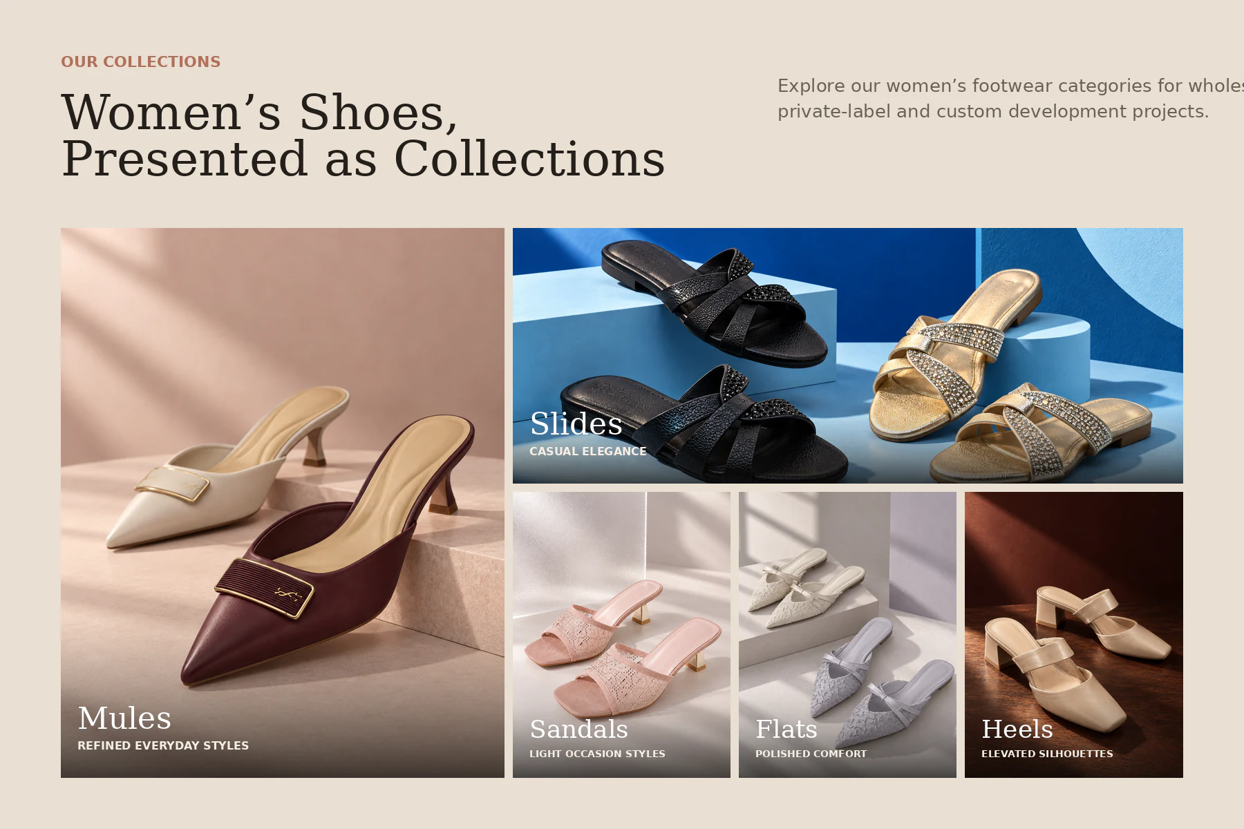 CRYSTELLE women's footwear collections including mules, slides, sandals, flats and heels