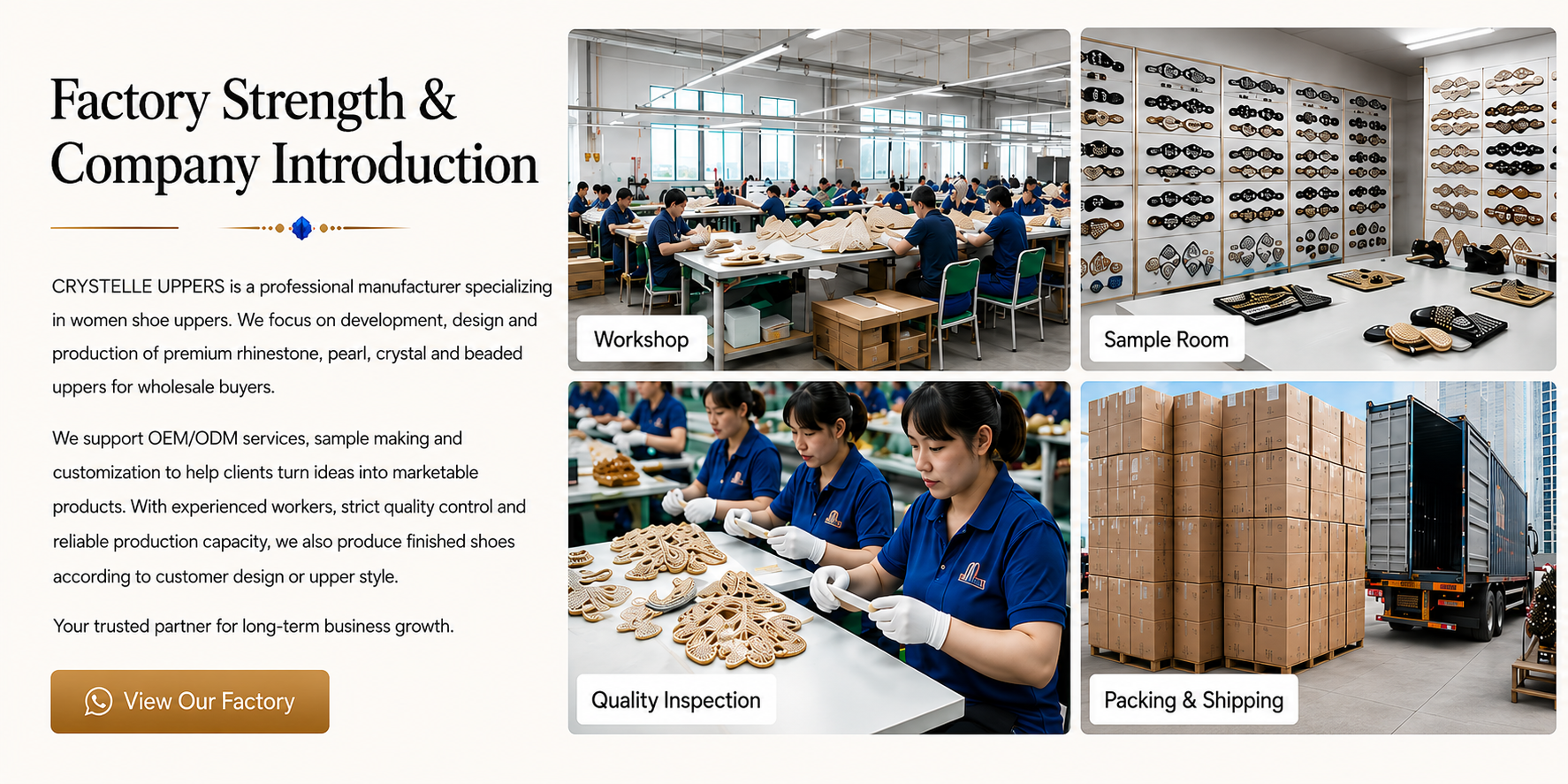 Factory Strength and Company Introduction - CRYSTELLE UPPERS workshop, sample room, quality inspection and packing shipping