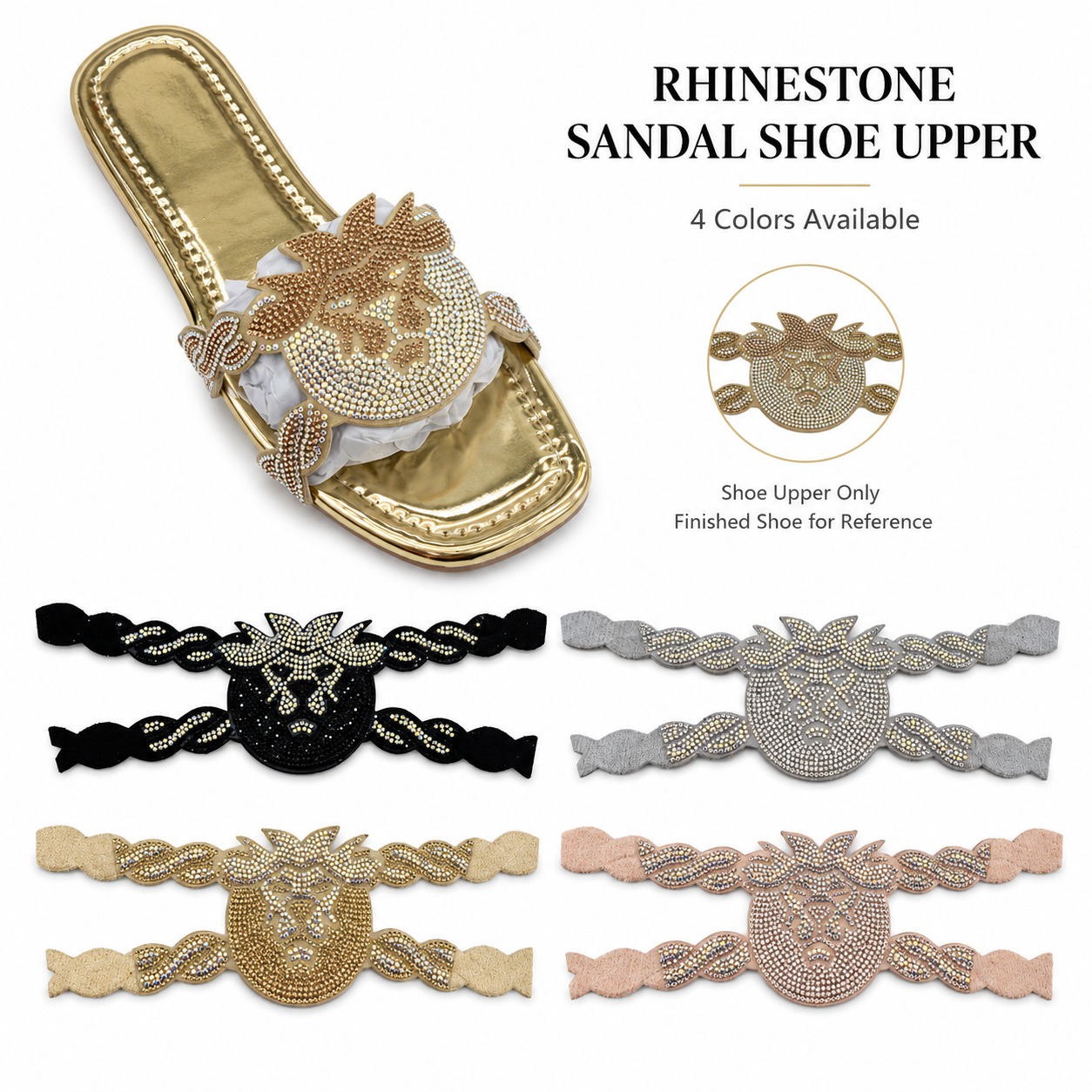 Rhinestone lion head sandal shoe upper with finished shoe effect and four colors