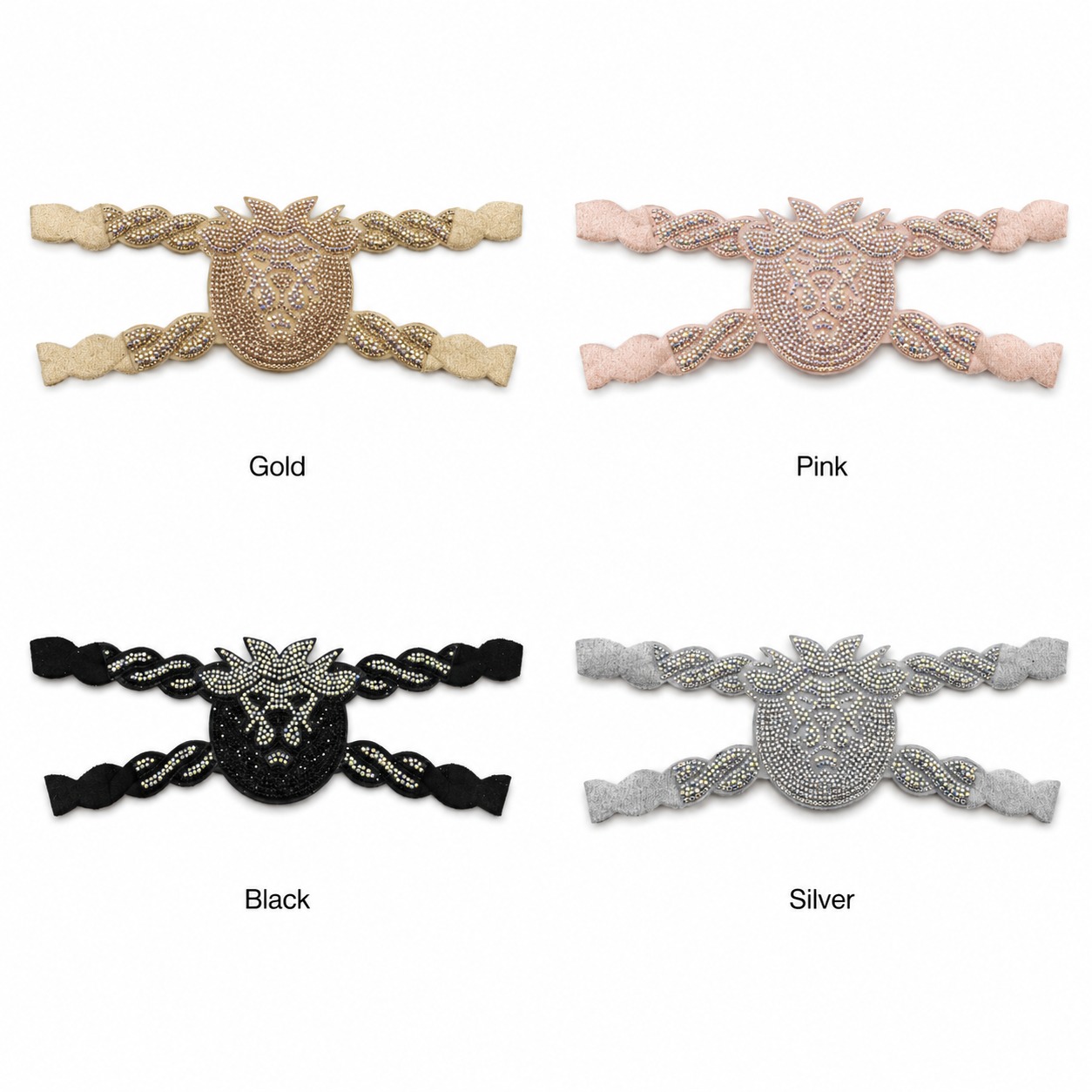 Four colors rhinestone lion head sandal shoe upper in gold pink black and silver