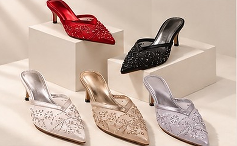 CRYSTELLE Women's Mules - Refined rhinestone pointed-toe kitten heel mules