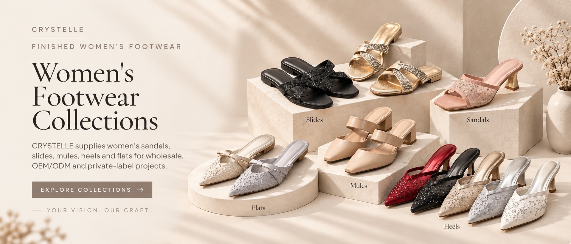 CRYSTELLE Women's Footwear Collections - Finished Women's Footwear including Sandals, Slides, Mules, Heels and Flats